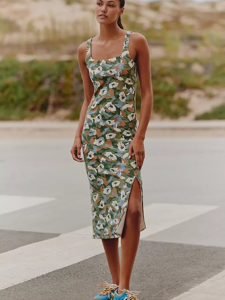 Anthropologie Daily Practice Square-Neck Midi Dress In Waypoint, Size Large
